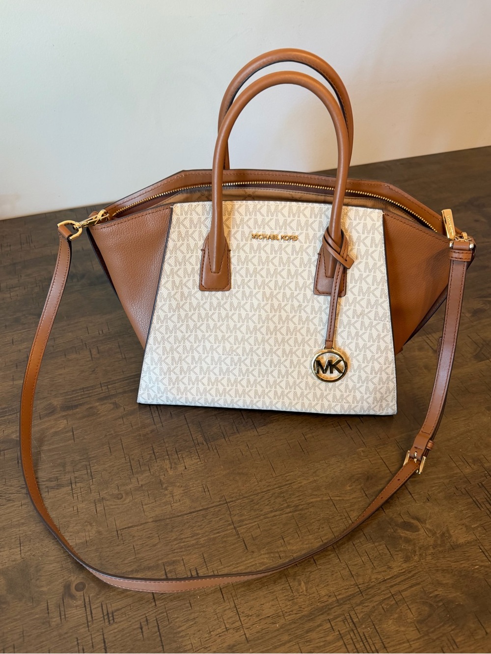 Michael Kors Brown & White Signature Satchel with Gold Charm